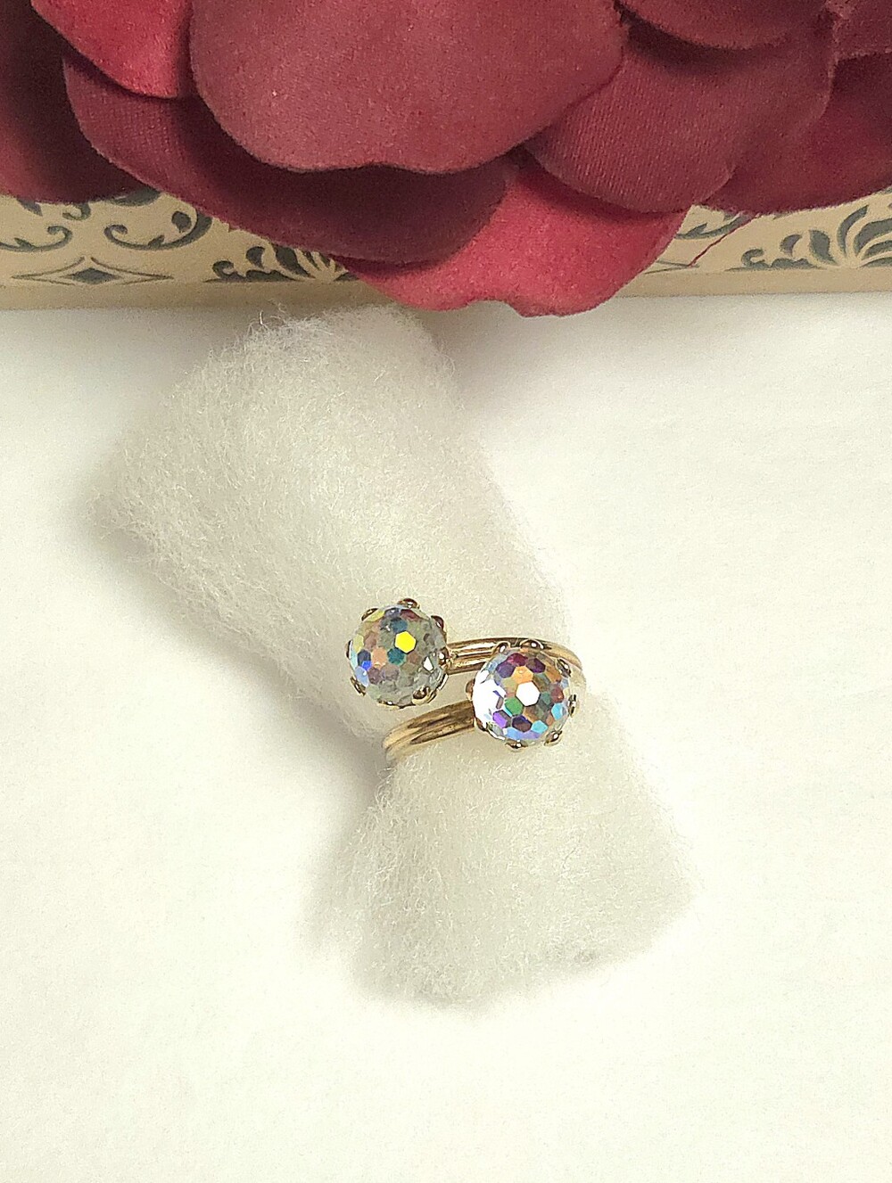 Vintage Gold Plated Auroa Borealis Crystal Ball Ring 2 Crystal Statement Ring 7